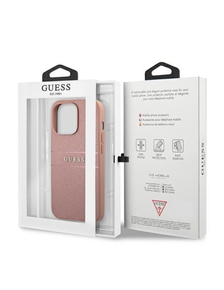 Guess Saffiano Stripe dėklas, skirtas iPhone 13 Pro Max - rožinis Guess Saffiano Stripe dėklas, skirtas iPhone 13 Pro Max - rožinis