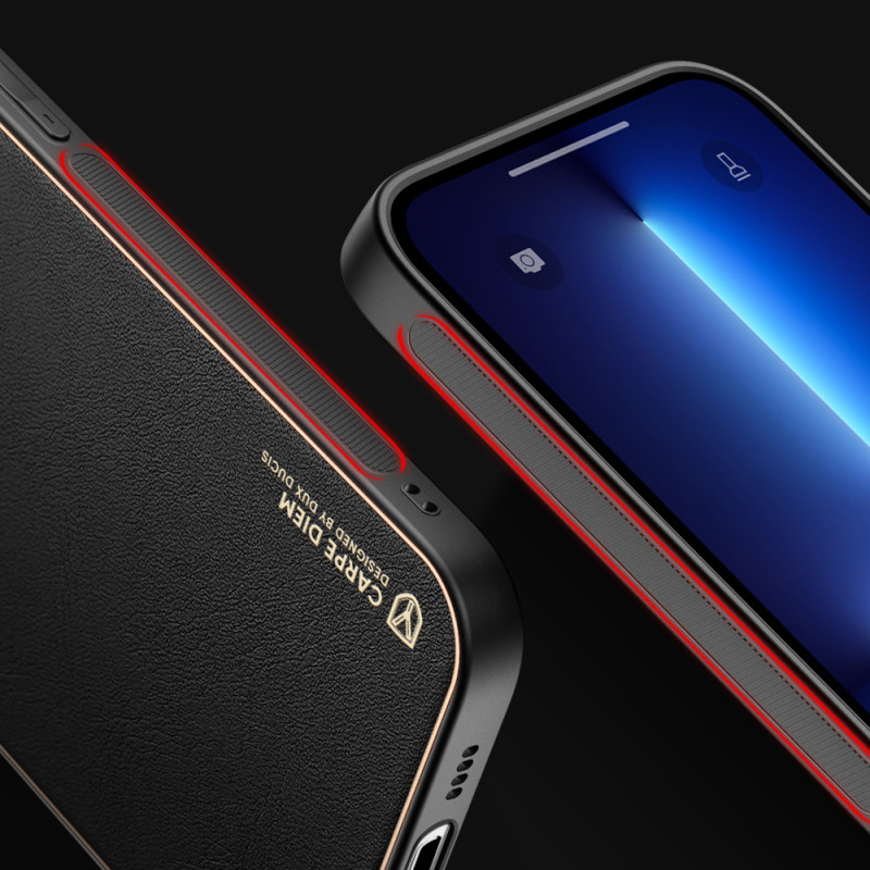 Elegantiškas Dux Ducis Yolo dėklas su ekologiškos odos dangteliu, skirtas iPhone 13 Pro Max raudonas