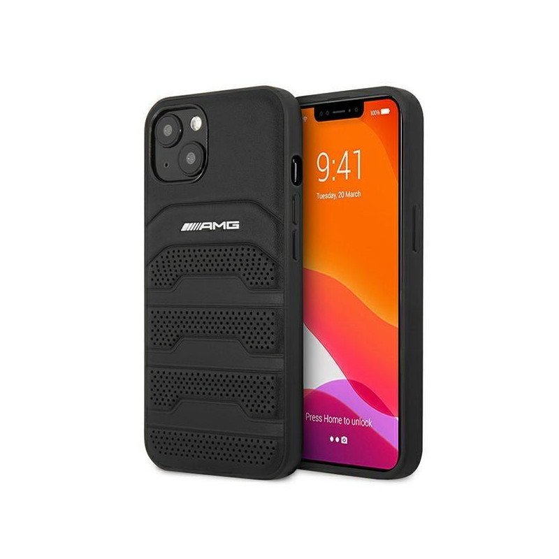 AMG Leather Debossed Lines dėklas iPhone 13 mini - juodas AMG Leather Debossed Lines dėklas iPhone 13 mini - juodas