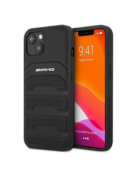 AMG Leather Debossed Lines dėklas iPhone 13 mini - juodas AMG Leather Debossed Lines dėklas iPhone 13 mini - juodas
