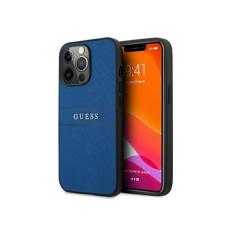Guess Saffiano Strap dėklas, skirtas iPhone 13 Pro / iPhone 13 - mėlynas