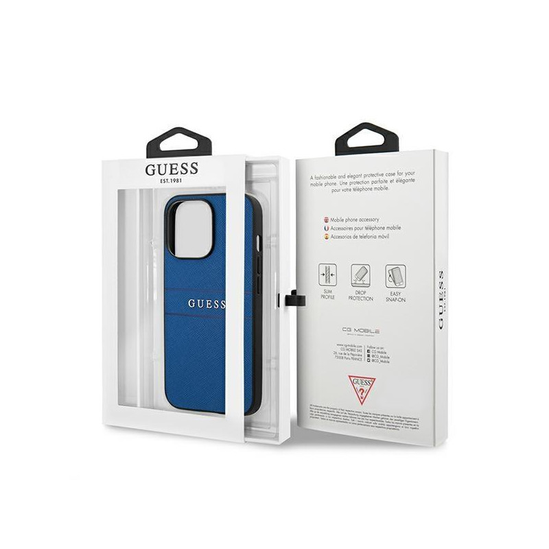 Guess Saffiano Strap dėklas, skirtas iPhone 13 Pro / iPhone 13 - mėlynas