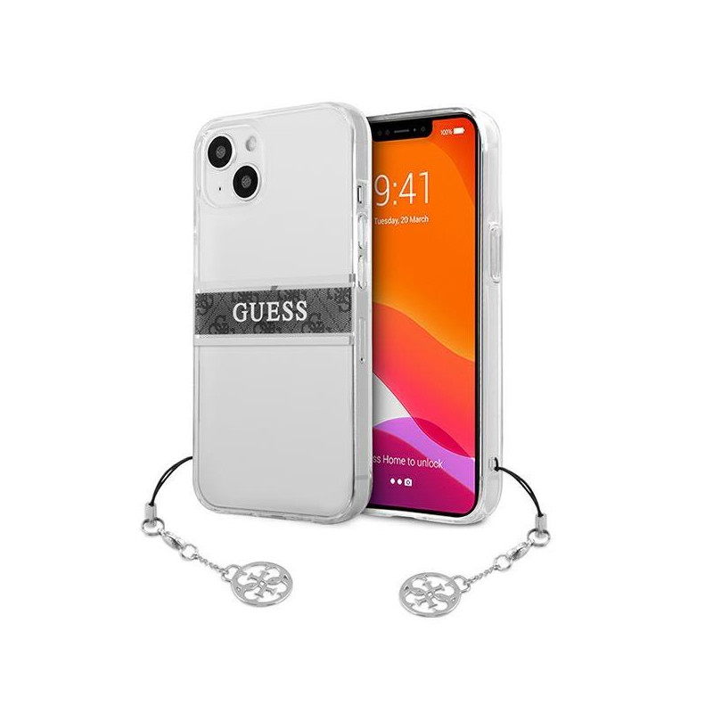 Guess 4G Grey Strap Charm dėklas iPhone 13 mini - skaidrus