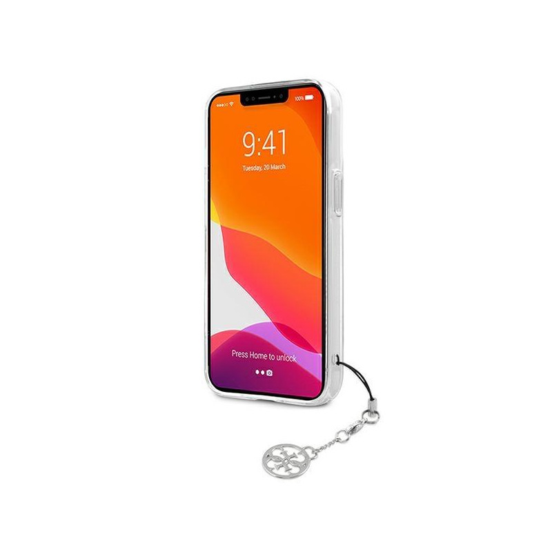 Guess 4G Grey Strap Charm dėklas iPhone 13 mini - skaidrus