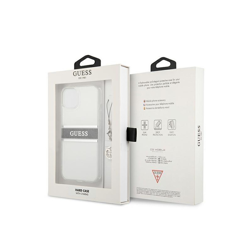 Guess 4G Grey Strap Charm dėklas iPhone 13 mini - skaidrus