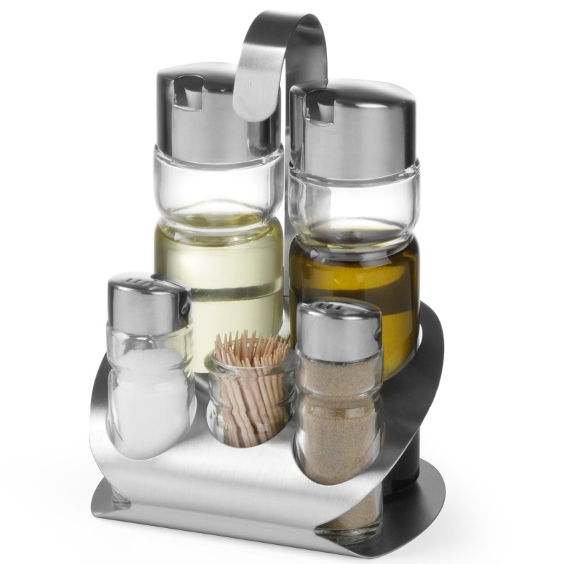 Nerūdijančio plieno prieskonių rinkinys druskos pipirų aliejaus acto dantų krapštukai - Hendi 465363