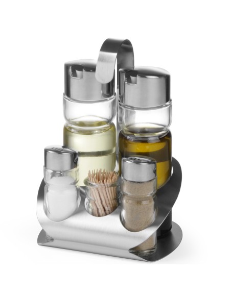 Nerūdijančio plieno prieskonių rinkinys druskos pipirų aliejaus acto dantų krapštukai - Hendi 465363