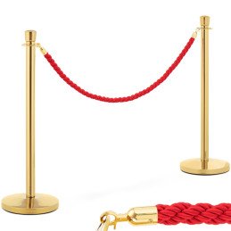 Viešbučio barjerinis stulpas auksinis su raudona virve 150 cm - 2 vnt.