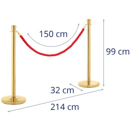 Viešbučio barjerinis stulpas auksinis su raudona virve 150 cm - 2 vnt.