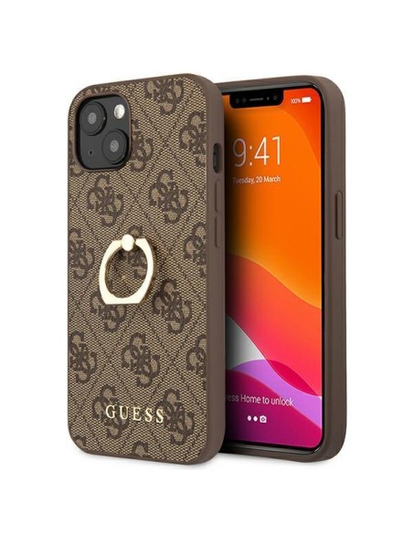 Guess 4G Ring Stand dėklas iPhone 13 mini - rudas Guess 4G Ring Stand dėklas iPhone 13 mini - rudas