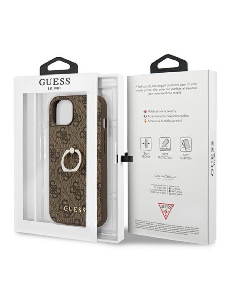 Guess 4G Ring Stand dėklas iPhone 13 mini - rudas Guess 4G Ring Stand dėklas iPhone 13 mini - rudas