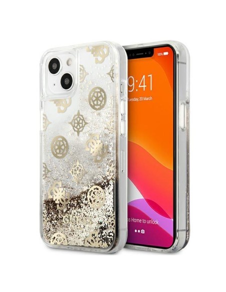 Guess Peony Liquid Glitter dėklas iPhone 13 mini - auksinis Guess Peony Liquid Glitter dėklas iPhone 13 mini - auksinis