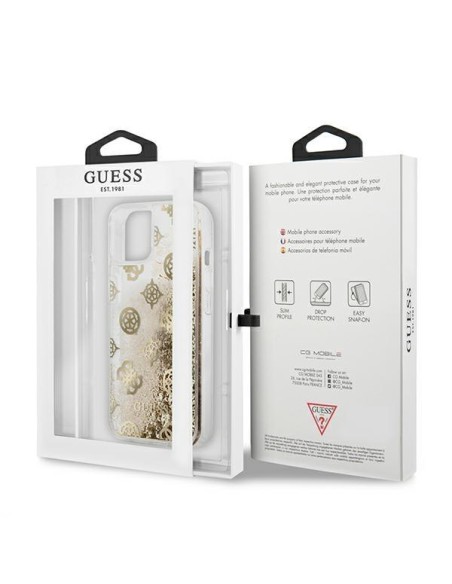 Guess Peony Liquid Glitter dėklas iPhone 13 mini - auksinis Guess Peony Liquid Glitter dėklas iPhone 13 mini - auksinis