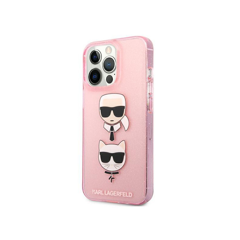 Karl Lagerfeld Glitter Karl& 39 s & Choupette Head dėklas, skirtas iPhone 13 Pro / iPhone 13 - rožinis