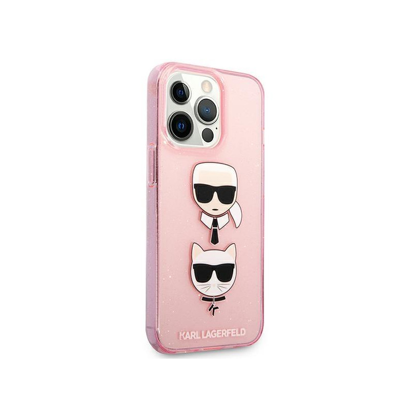 Karl Lagerfeld Glitter Karl& 39 s & Choupette Head dėklas, skirtas iPhone 13 Pro / iPhone 13 - rožinis