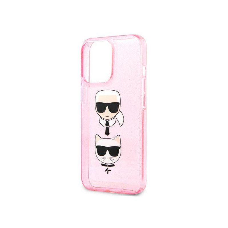 Karl Lagerfeld Glitter Karl& 39 s & Choupette Head dėklas, skirtas iPhone 13 Pro / iPhone 13 - rožinis