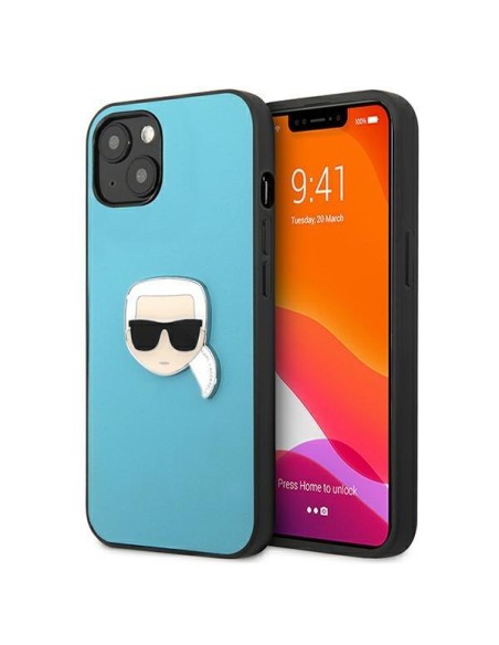 Karl Lagerfeld Leather Ikonik Karl& 39 s Head Metalinis dėklas iPhone 13 - mėlynas