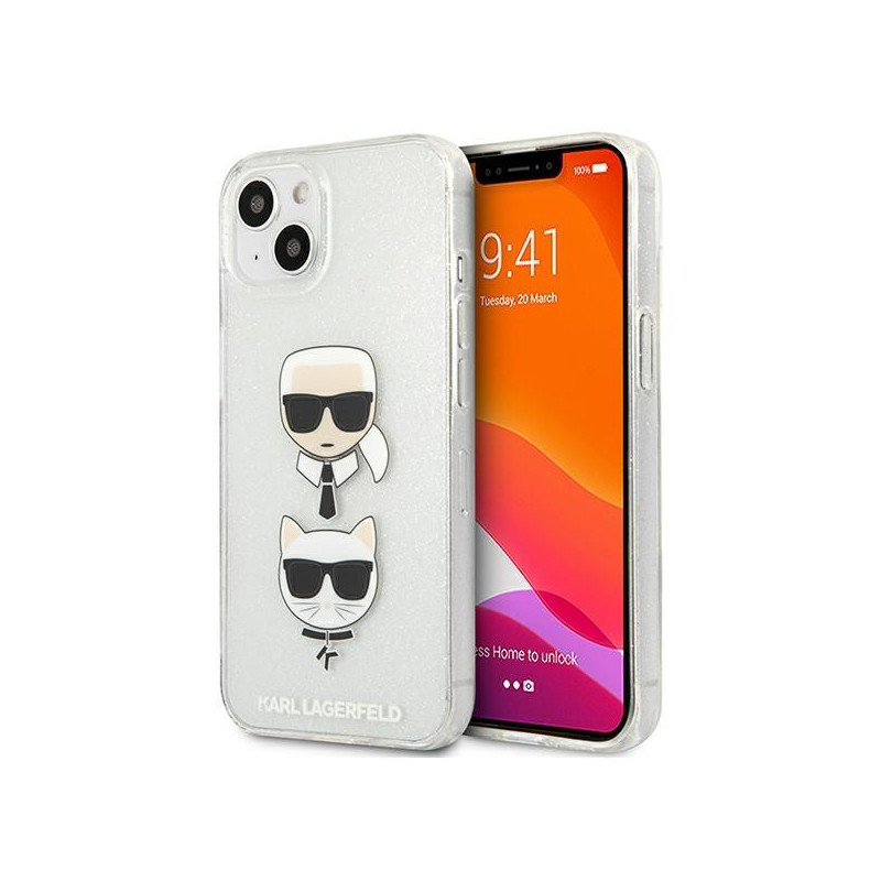 Karl Lagerfeld Glitter Karl& 39 s & Choupette Head dėklas iPhone 13 mini - sidabrinis