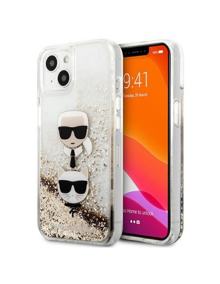 Karl Lagerfeld Liquid Glitter Karl&Choupette Head dėklas iPhone 13 mini - auksinis Karl Lagerfeld Liquid Glitter Karl&Choupette Head dėklas iPhone 13 mini - auksinis