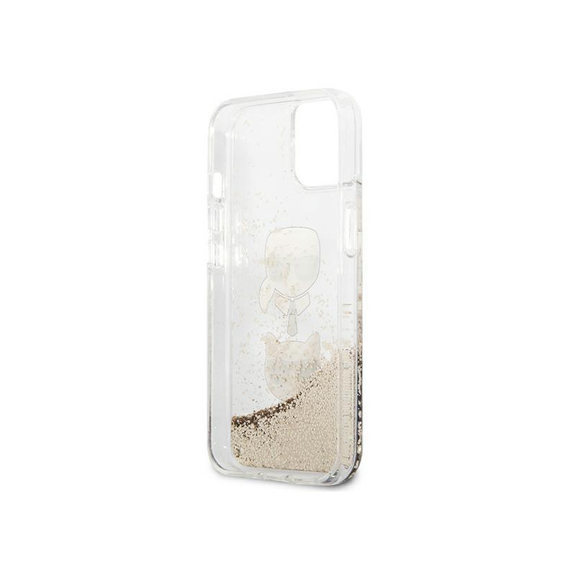 Karl Lagerfeld Liquid Glitter Karl&Choupette Head dėklas iPhone 13 mini - auksinis