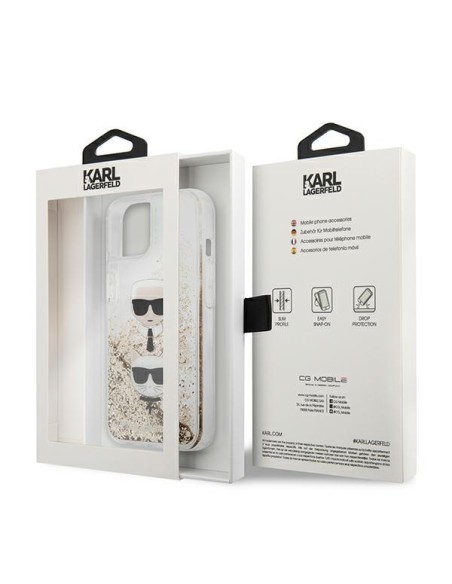 Karl Lagerfeld Liquid Glitter Karl&Choupette Head dėklas iPhone 13 mini - auksinis Karl Lagerfeld Liquid Glitter Karl&Choupette Head dėklas iPhone 13 mini - auksinis