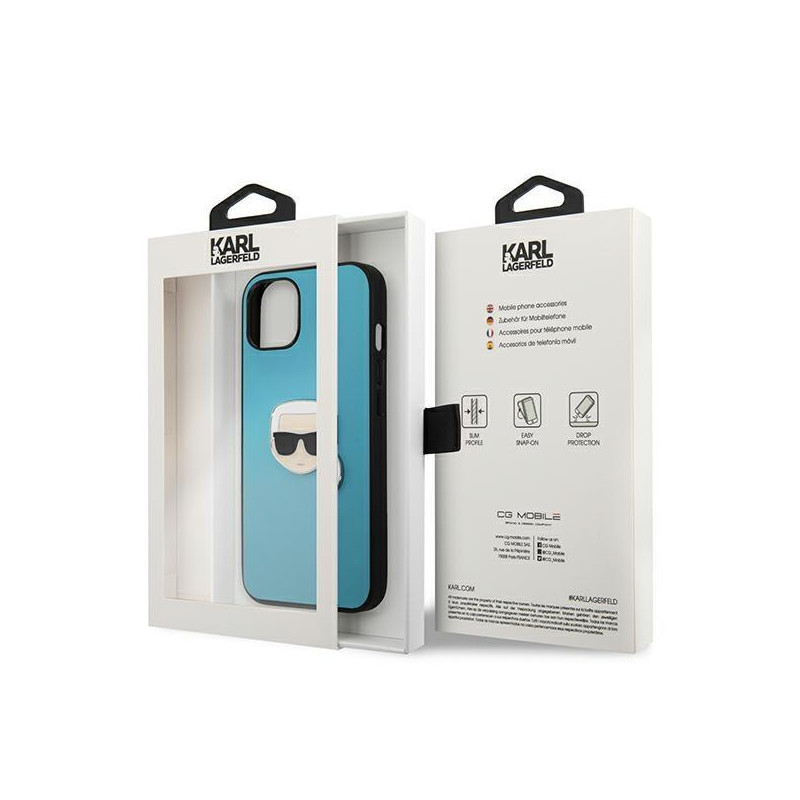 Karl Lagerfeld Leather Ikonik Karl& 39 s Head Metalinis dėklas iPhone 13 mini - mėlynas