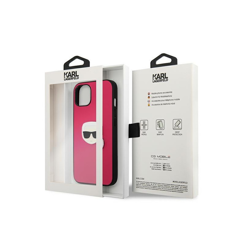 Karl Lagerfeld Leather Ikonik Karl& 39 s Head Metalinis dėklas iPhone 13 mini - rožinis
