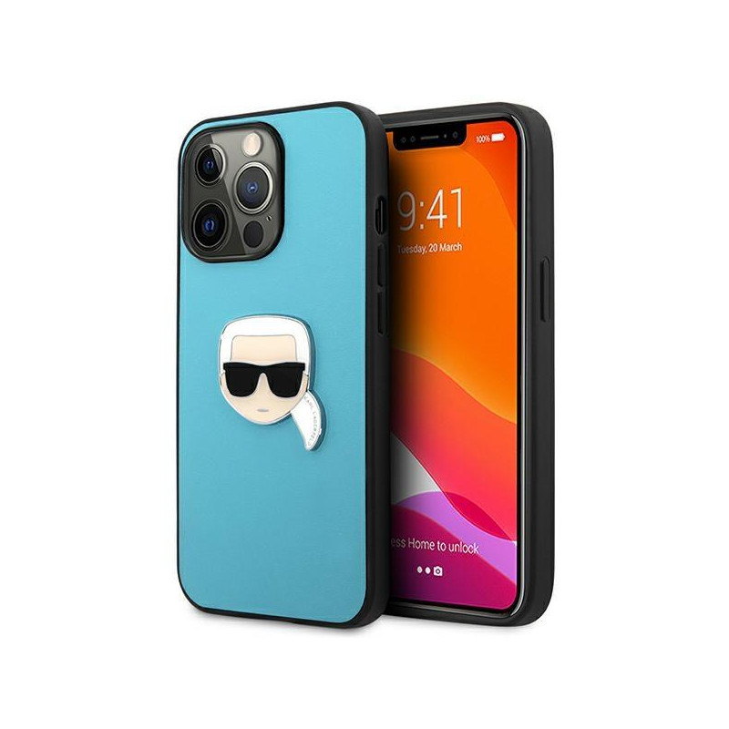 Karl Lagerfeld Leather Ikonik Karl& 39 s Head Metalinis dėklas iPhone 13 Pro Max - mėlynas