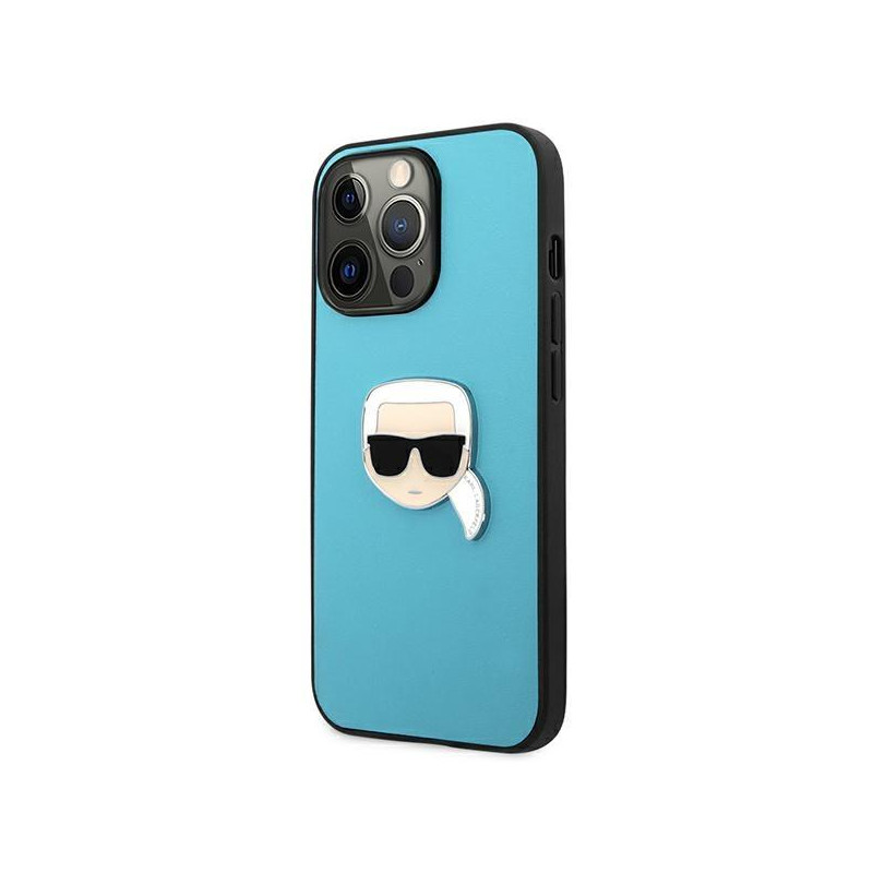 Karl Lagerfeld Leather Ikonik Karl& 39 s Head Metalinis dėklas iPhone 13 Pro Max - mėlynas