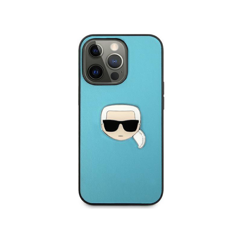 Karl Lagerfeld Leather Ikonik Karl& 39 s Head Metalinis dėklas iPhone 13 Pro Max - mėlynas