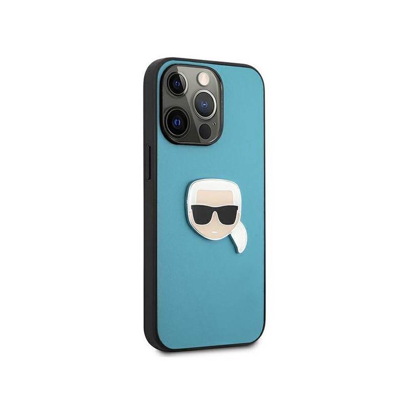 Karl Lagerfeld Leather Ikonik Karl& 39 s Head Metalinis dėklas iPhone 13 Pro Max - mėlynas