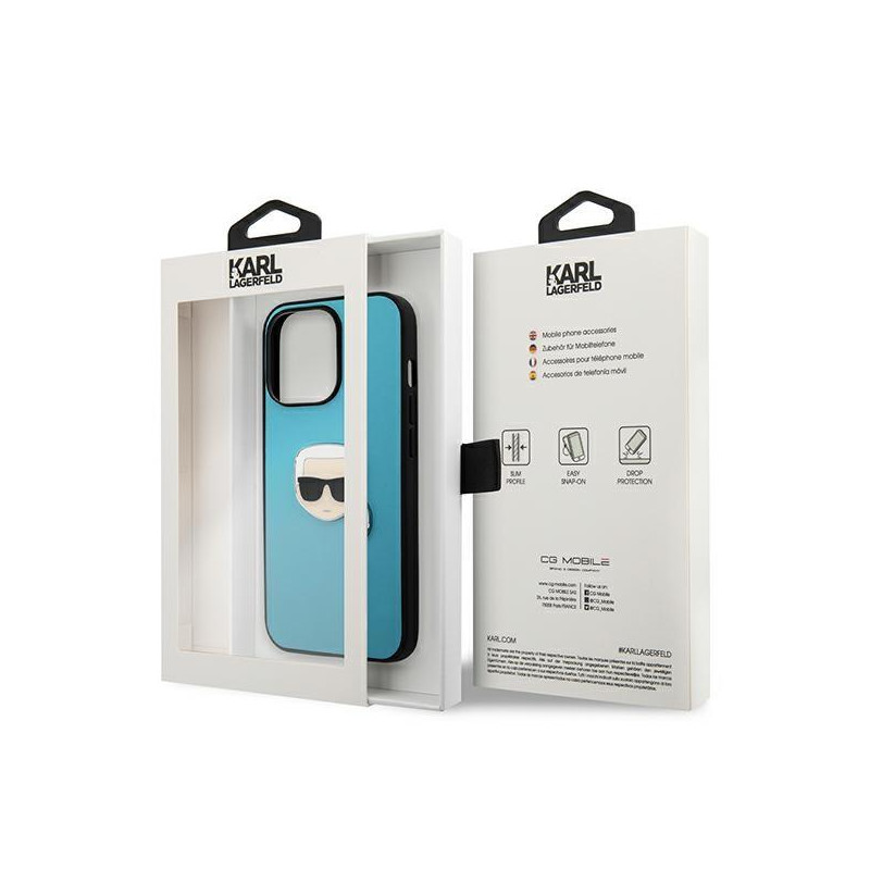 Karl Lagerfeld Leather Ikonik Karl& 39 s Head Metalinis dėklas iPhone 13 Pro Max - mėlynas