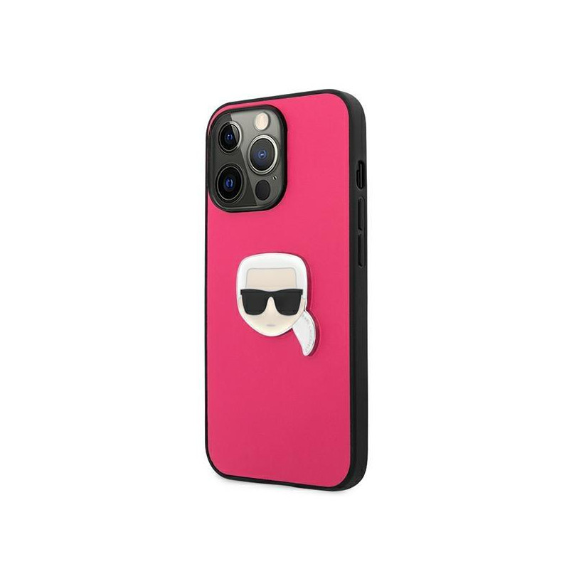 Karl Lagerfeld KLHCP13XPKMP iPhone 13 Pro Max 6,7" rožinis/ rožinis kietas dėklas, odos ikona Karl& 39 s Head Metal