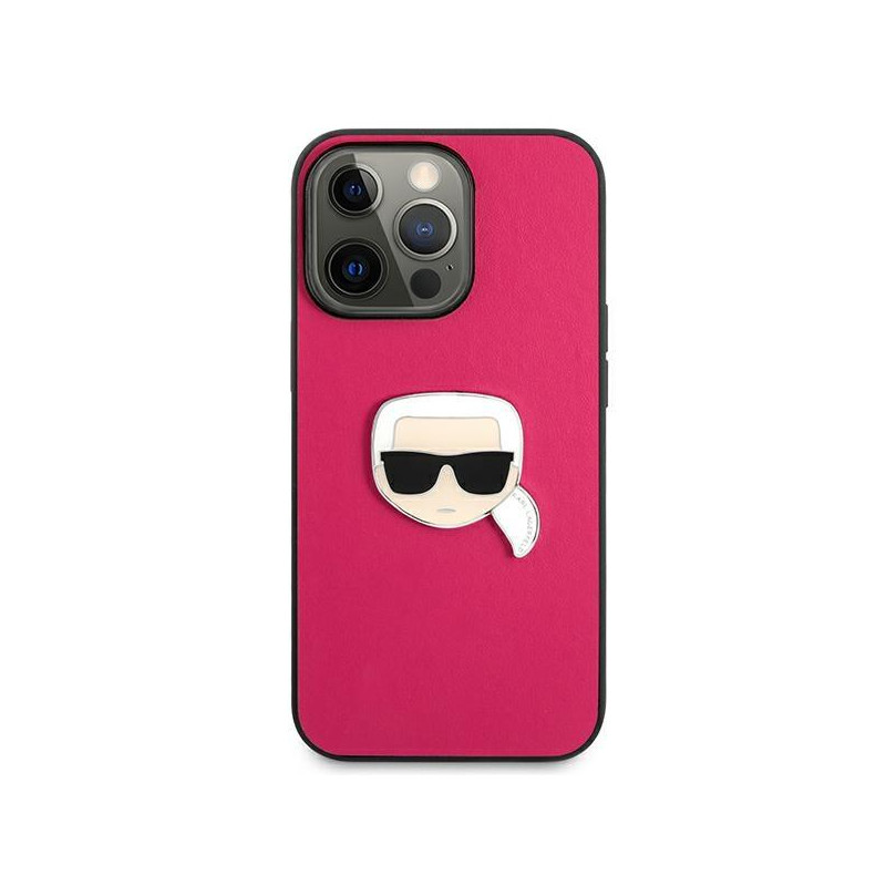 Karl Lagerfeld KLHCP13XPKMP iPhone 13 Pro Max 6,7" rožinis/ rožinis kietas dėklas, odos ikona Karl& 39 s Head Metal
