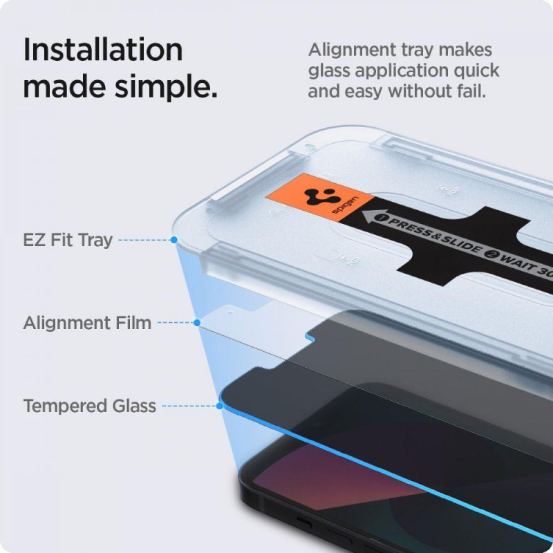 Spigen Glas.tR EZ Fit Privacy Tempered Glass skirtas iPhone 13 / 13 Pro / 14 - 2 vnt.