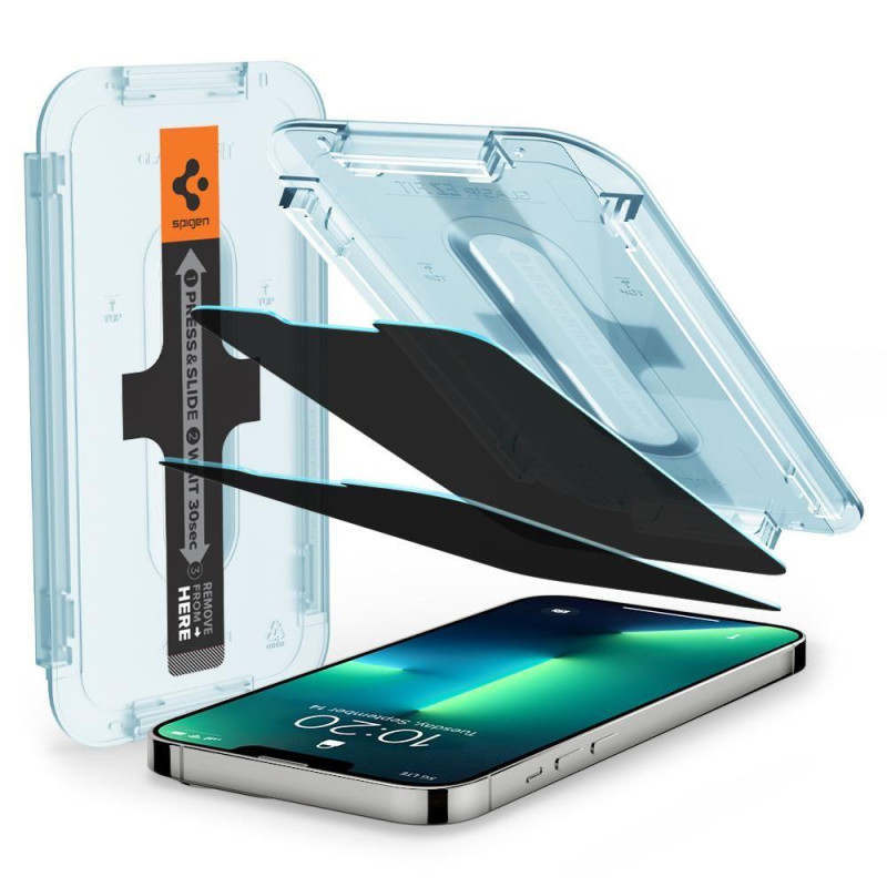 Spigen Glas.tR EZ Fit Privacy Tempered Glass skirtas iPhone 13 / 13 Pro / 14 - 2 vnt.