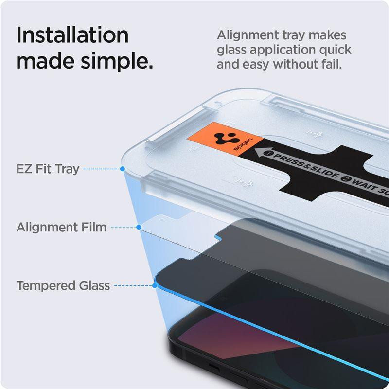 Spigen Glas.tR EZ Fit Privacy Tempered Glass skirtas iPhone 13 / 13 Pro / 14 - 2 vnt.