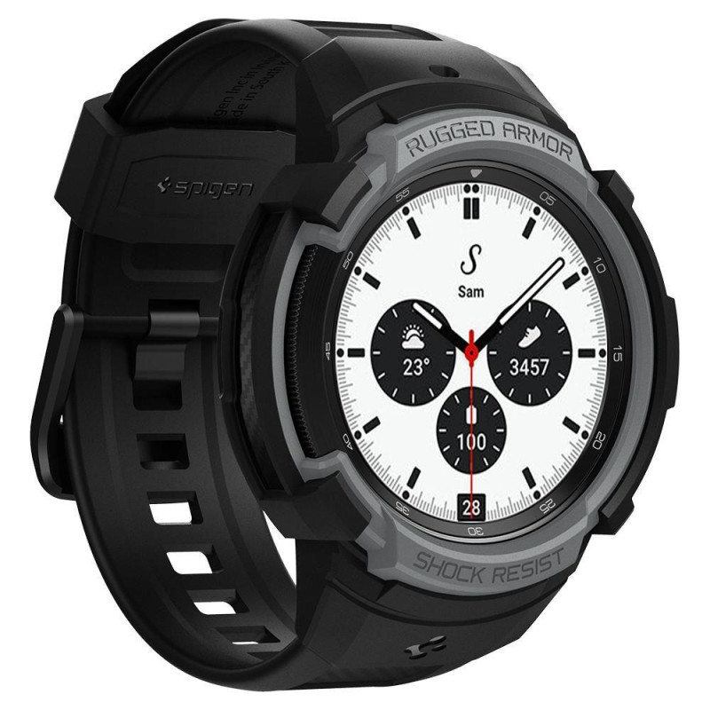 Spigen Rugged Armor Pro dėklas su dirželiu, skirtas Samsung Galaxy Watch 4 Classic 42 mm - pilkas