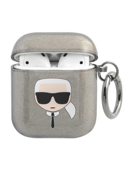 Karl Lagerfeld Glitter Karl& 39 s Head dėklas, skirtas AirPods 1/ 2 – juodas Karl Lagerfeld Glitter Karl& 39 s Head dėklas, skirtas AirPods 1/ 2 – juodas