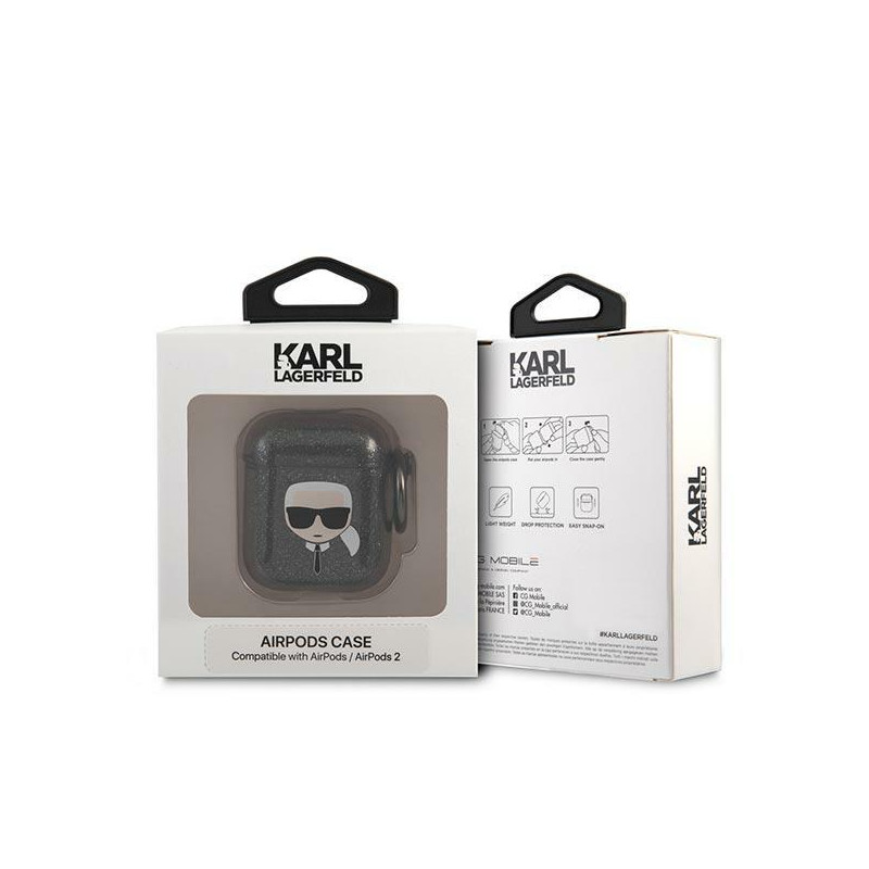 Karl Lagerfeld Glitter Karl& 39 s Head dėklas, skirtas AirPods 1/ 2 – juodas