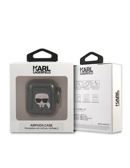 Karl Lagerfeld Glitter Karl& 39 s Head dėklas, skirtas AirPods 1/ 2 – juodas Karl Lagerfeld Glitter Karl& 39 s Head dėklas, skirtas AirPods 1/ 2 – juodas