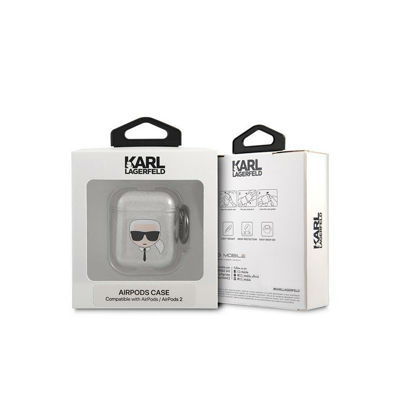 Karl Lagerfeld Glitter Karl& 39 s Head dėklas, skirtas AirPods 1/ 2 – sidabrinis