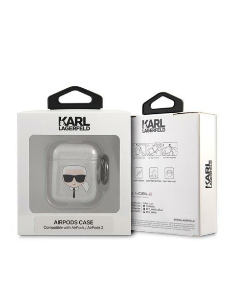 Karl Lagerfeld Glitter Karl& 39 s Head dėklas, skirtas AirPods 1/ 2 – sidabrinis Karl Lagerfeld Glitter Karl& 39 s Head dėklas, skirtas AirPods 1/ 2 – sidabrinis