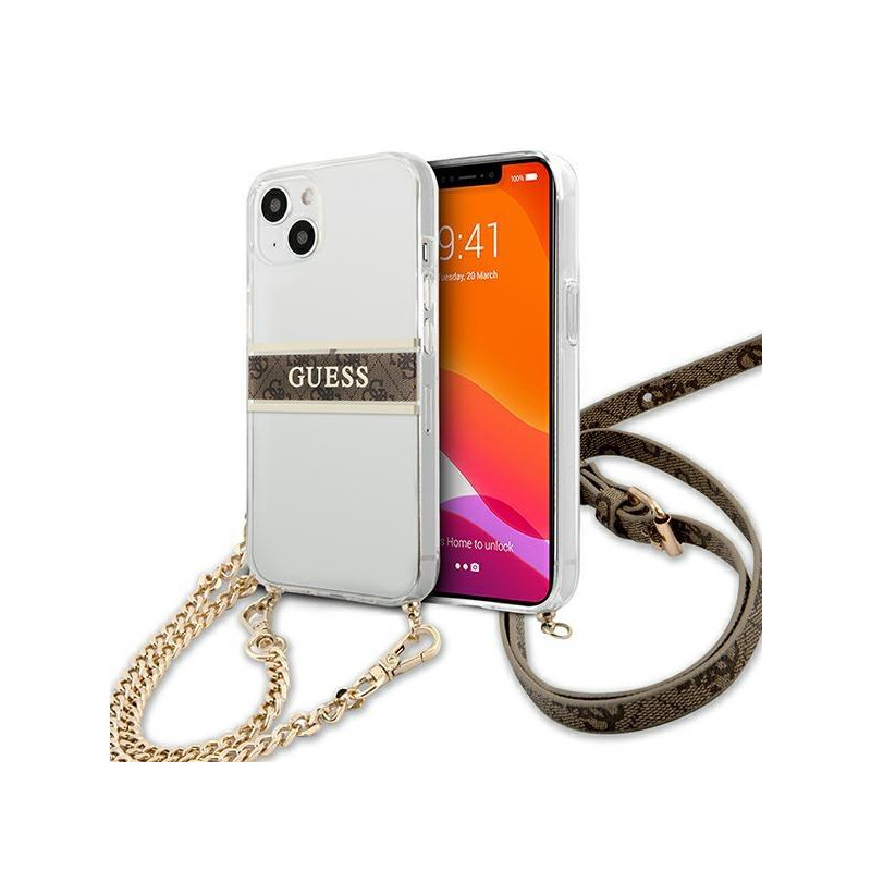 Guess 4G Brown Strap Gold Chain dėklas iPhone 13 mini - skaidrus