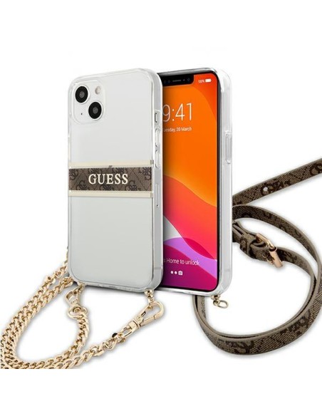 Guess 4G Brown Strap Gold Chain dėklas iPhone 13 mini - skaidrus Guess 4G Brown Strap Gold Chain dėklas iPhone 13 mini - skaidrus