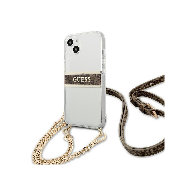 Guess 4G Brown Strap Gold Chain dėklas iPhone 13 mini - skaidrus