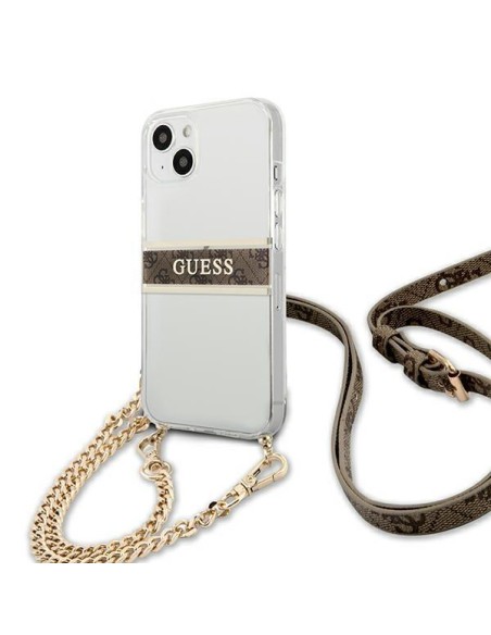 Guess 4G Brown Strap Gold Chain dėklas iPhone 13 mini - skaidrus Guess 4G Brown Strap Gold Chain dėklas iPhone 13 mini - skaidrus