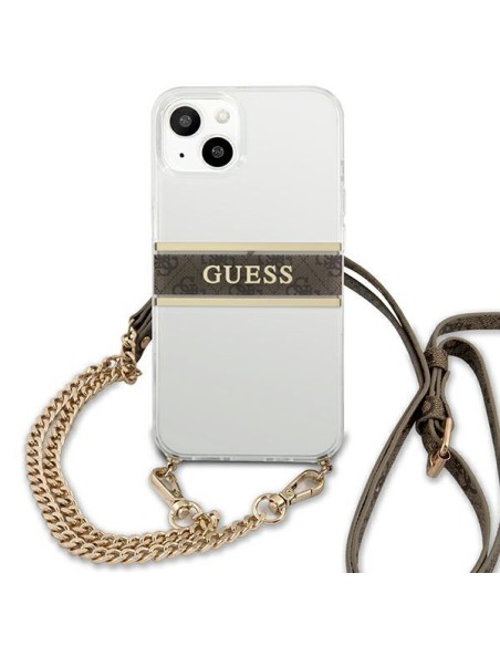 Guess 4G Brown Strap Gold Chain dėklas iPhone 13 mini - skaidrus Guess 4G Brown Strap Gold Chain dėklas iPhone 13 mini - skaidrus