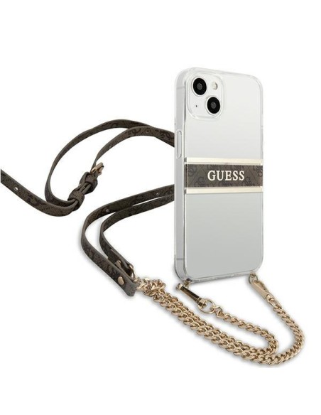 Guess 4G Brown Strap Gold Chain dėklas iPhone 13 mini - skaidrus Guess 4G Brown Strap Gold Chain dėklas iPhone 13 mini - skaidrus