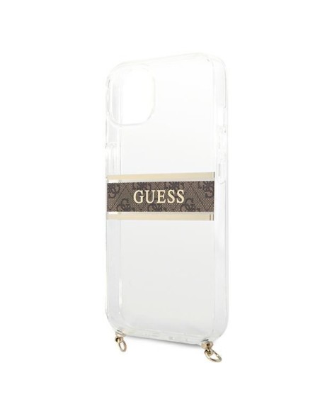 Guess 4G Brown Strap Gold Chain dėklas iPhone 13 mini - skaidrus Guess 4G Brown Strap Gold Chain dėklas iPhone 13 mini - skaidrus